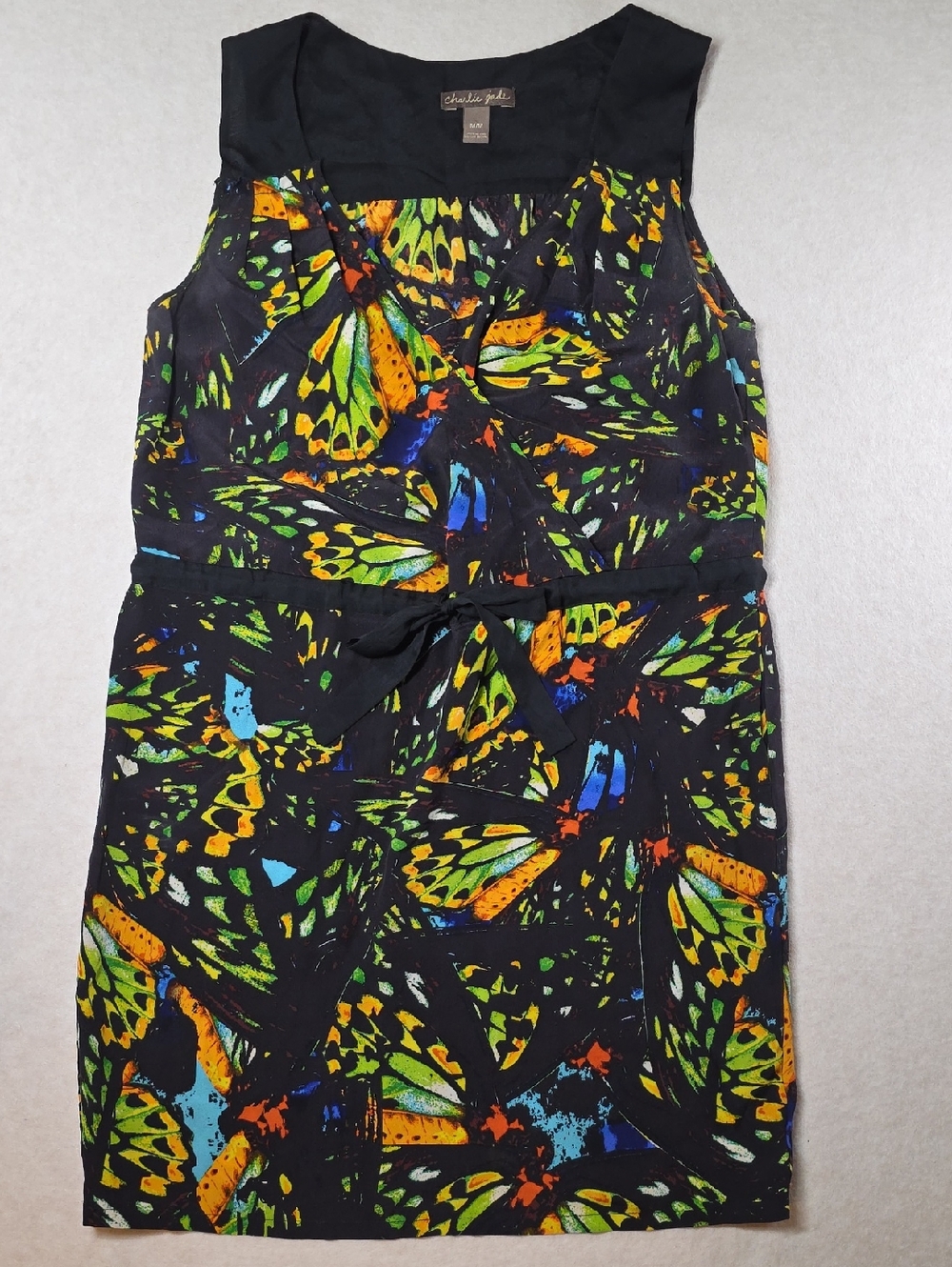 charlie jade Black 100% Silk Dress Neon Green Yellow Blue Accent Drawstring Med